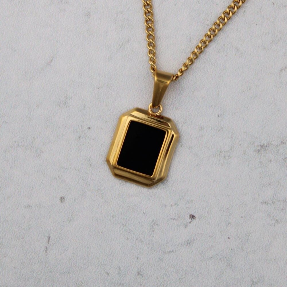 Gold Onyx Pendant Chain Necklace Stainless Steel